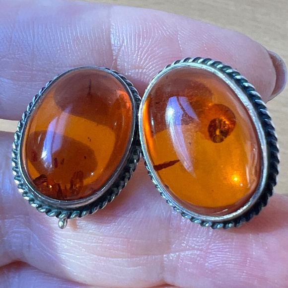 VINTAGE LARGE OVAL AMBER CABOCHON EARRINGS 925 STERLING SILVER SECURE WIRE LOCKS